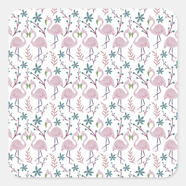 Pink flamingo seamless pattern on white background square sticker (Front)