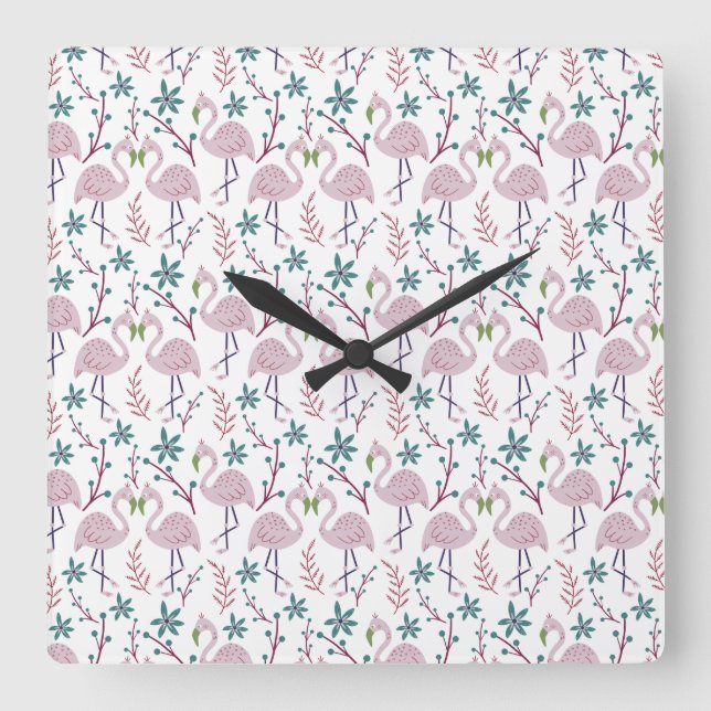 Pink flamingo seamless pattern on white background square wall clock (Front)