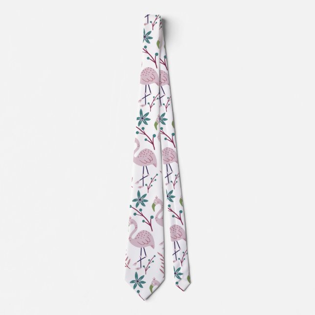 Pink flamingo seamless pattern on white background tie (Front)