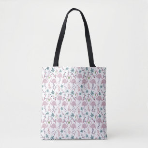 Pink flamingo seamless pattern on white background tote bag