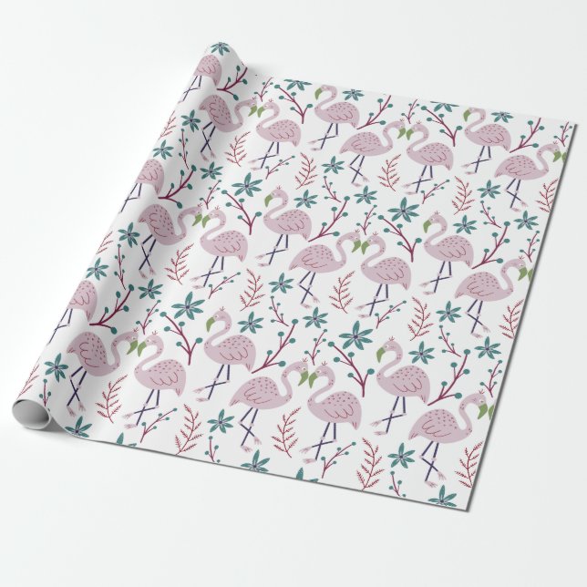 Pink flamingo seamless pattern on white background wrapping paper (Unrolled)