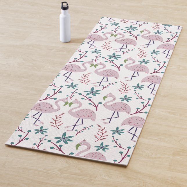 Pink flamingo seamless pattern on white background yoga mat (In Situ)