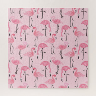Pink Flamingo Set, Tropical Summer Pattern. Jigsaw Puzzle