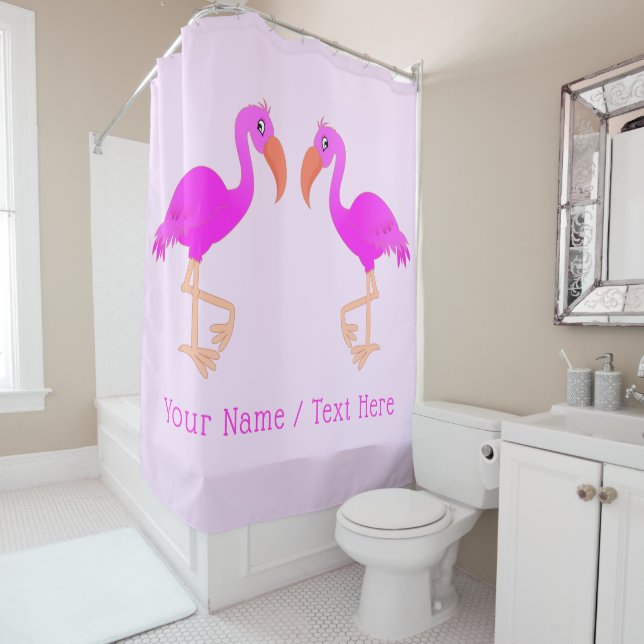 Pink Flamingo Shower Curtain with Custom Text Name (In Situ)