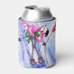 Pink Flamingo Skier Funny Can Cooler