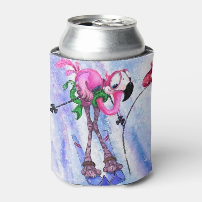 Pink Flamingo Skier Funny Can Cooler (Can Front)