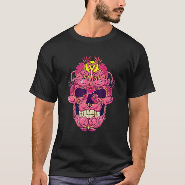 Pink Flamingo Skull Breast Cancer Awareness Month T-Shirt (Front)
