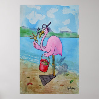 Pink Flamingo Snorkle Scuba Beach Whimsical Poster