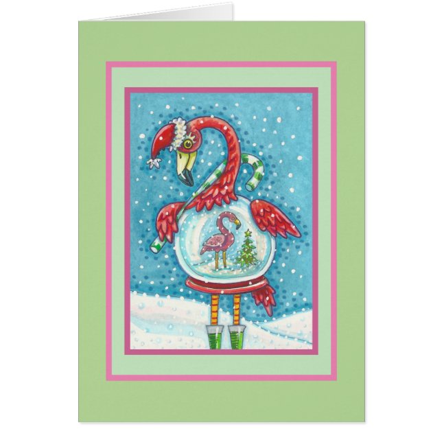 PINK FLAMINGO SNOWGLOBE, CHRISTMAS GREETING CARD B (Front)