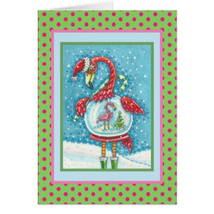 PINK FLAMINGO SNOWGLOBE, CHRISTMAS GREETING CARD V