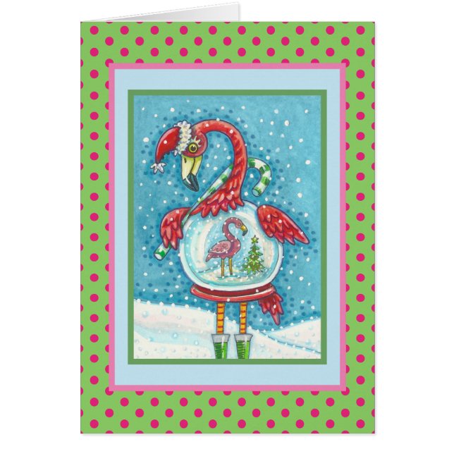 PINK FLAMINGO SNOWGLOBE, CHRISTMAS GREETING CARD V (Front)