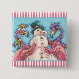 PINK FLAMINGO SNOWMAN CHRISTMAS BUTTON Square