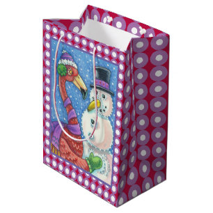 PINK FLAMINGO SNOWMAN CHRISTMAS GIFT BAG Medium