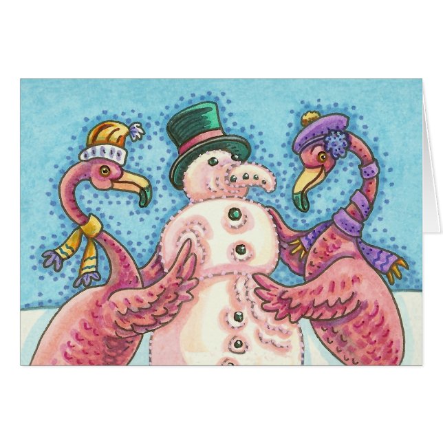 PINK FLAMINGO SNOWMAN, CHRISTMAS GREETING CARD B (Front Horizontal)