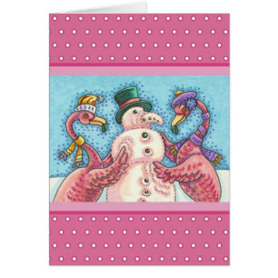PINK FLAMINGO SNOWMAN, CHRISTMAS GREETING CARD V