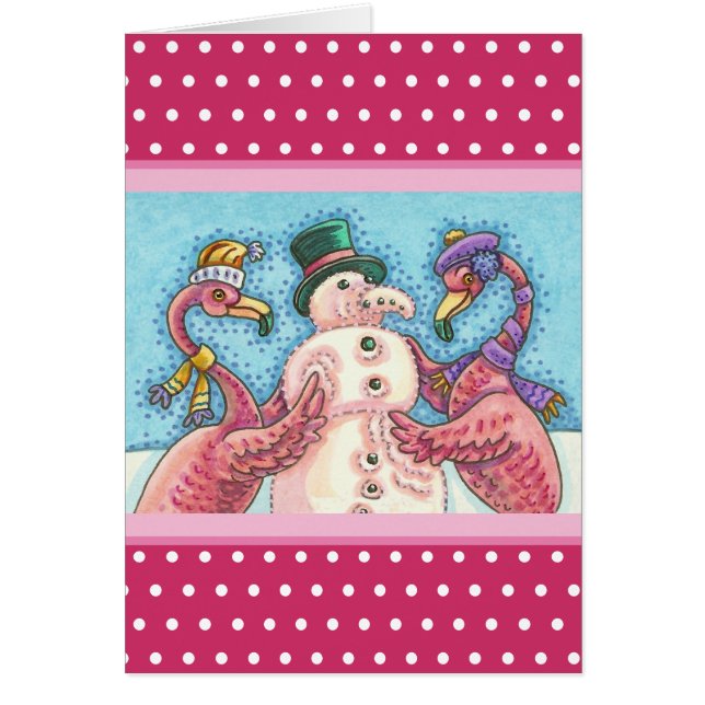PINK FLAMINGO SNOWMAN, CHRISTMAS GREETING CARD V (Front)