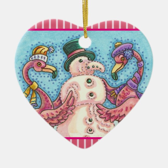 PINK FLAMINGO SNOWMAN, CHRISTMAS HOLIDAY ORNAMENT (Front)