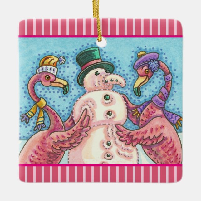 PINK FLAMINGO SNOWMAN, CHRISTMAS HOLIDAY ORNAMENT (Front)
