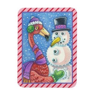 PINK FLAMINGO SNOWMAN CHRISTMAS MAGNET Rectangle