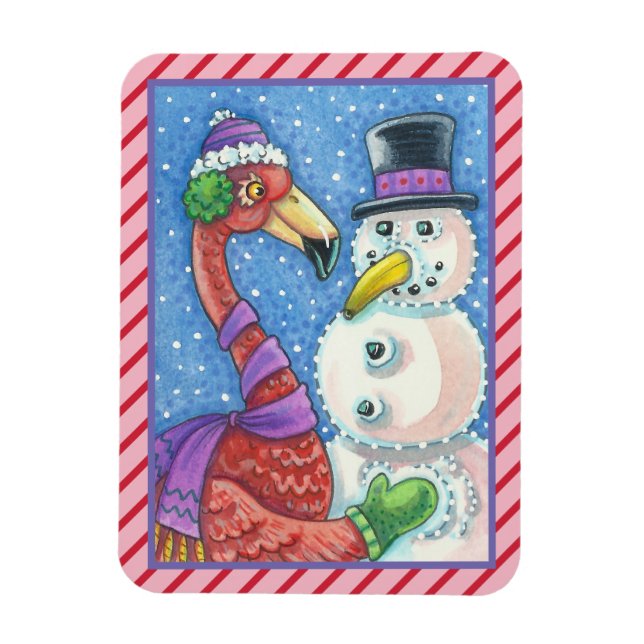 PINK FLAMINGO SNOWMAN CHRISTMAS MAGNET Rectangle (Vertical)