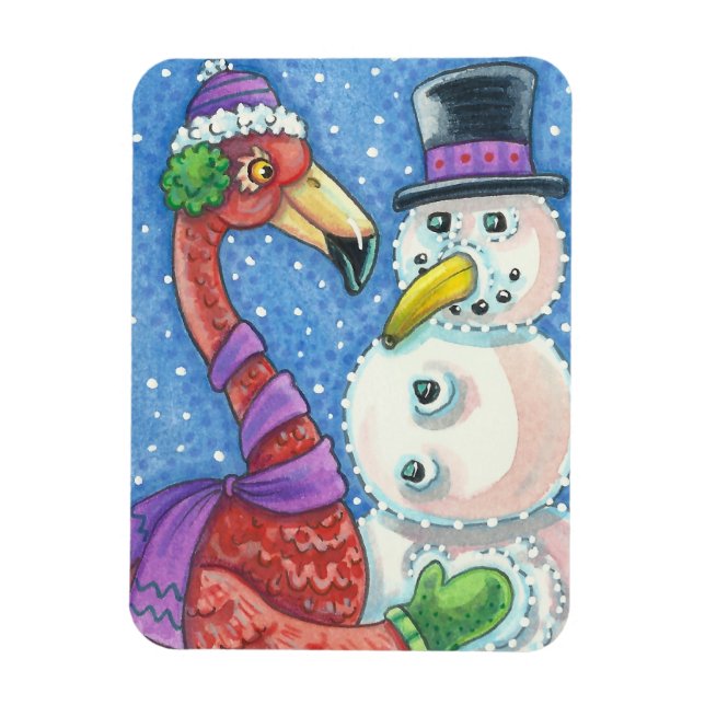 PINK FLAMINGO SNOWMAN CHRISTMAS MAGNET Rectangle (Vertical)