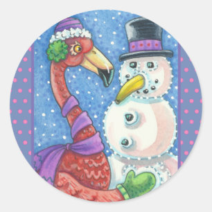 PINK FLAMINGO SNOWMAN, CHRISTMAS STICKERS Round