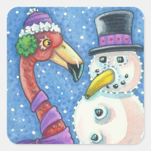 PINK FLAMINGO SNOWMAN CHRISTMAS STICKERS Square