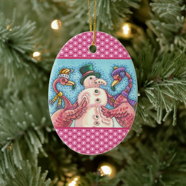 PINK FLAMINGO SNOWMAN, FUNNY CHRISTMAS SNOW BIRD CERAMIC TREE DECORATION (Tree)