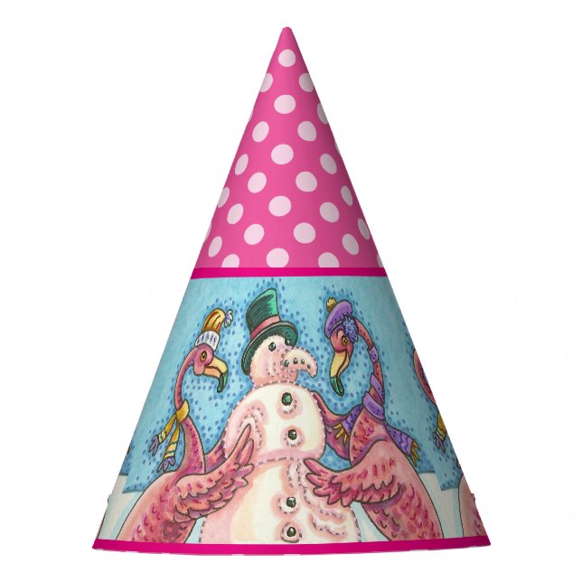 PINK FLAMINGO SNOWMAN FUNNY HOLIDAY PARTY HAT (Front)