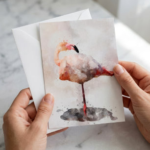 Pink Flamingo Standing in Watercolor Art Print Card