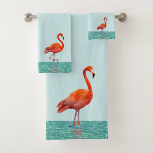 Pink Flamingo Standing on the Beach on Light Teal Bath Towel Set