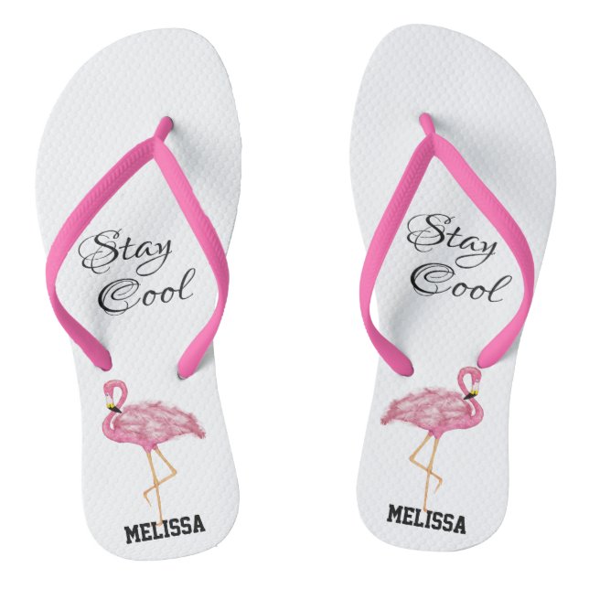 Pink Flamingo Stay Cool Summer Add Name Cute Fun Flip Flops (Footbed)