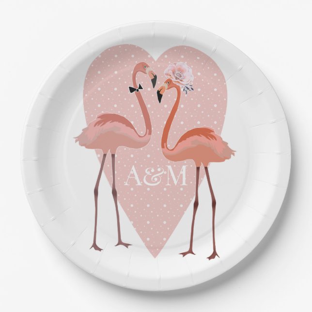 Pink Flamingo stylish heart love sweet Paper Plate (Front)
