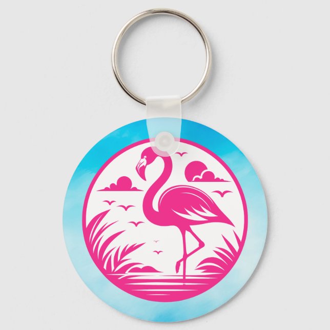 Pink Flamingo Summer Circle Design-68730 Key Ring (Front)