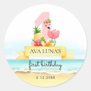 Pink Flamingo Summer Girl 1st Birthday Classic Round Sticker