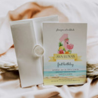 Pink Flamingo Summer Girl 1st Birthday Invitation