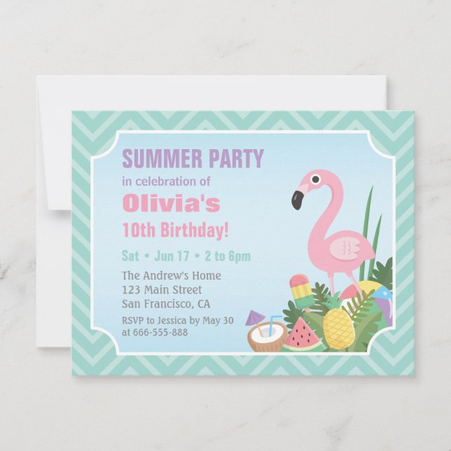Pink Flamingo Summer Luau Birthday Party Invites (Front)