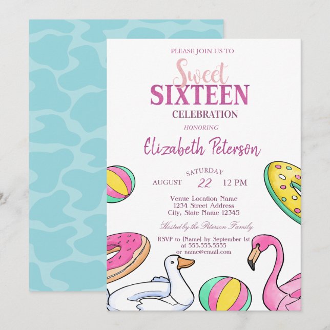 Pink Flamingo Summer Pool  Sweet 16 Party  Invitation (Front/Back)