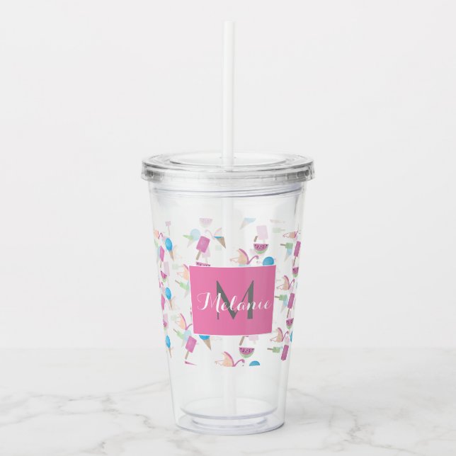Pink Flamingo Summer Tropical Monogram Custom Acrylic Tumbler (Front)