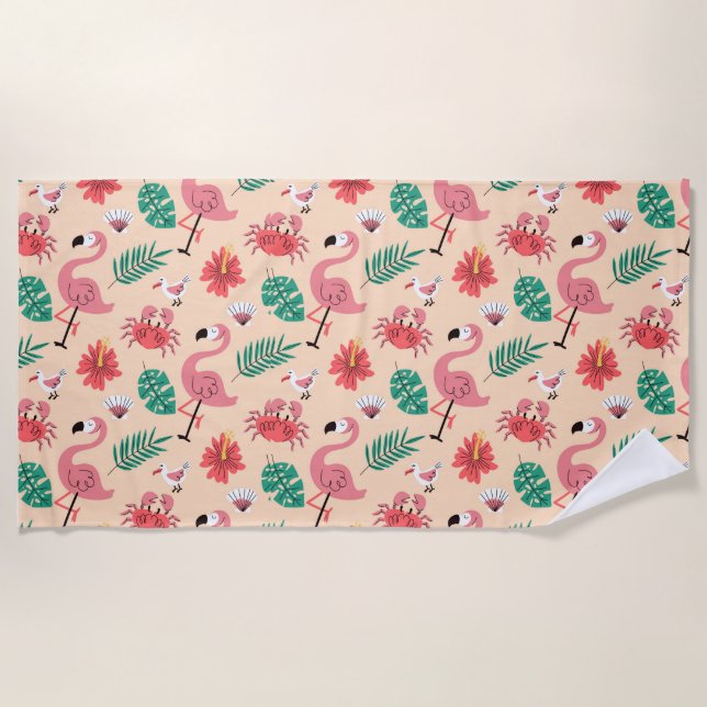 Pink Flamingo Summer Tropical Pattern Beach Towel (Front)