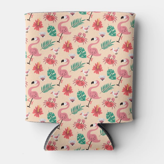 Pink Flamingo Summer Tropical Pattern Can Cooler (Front)