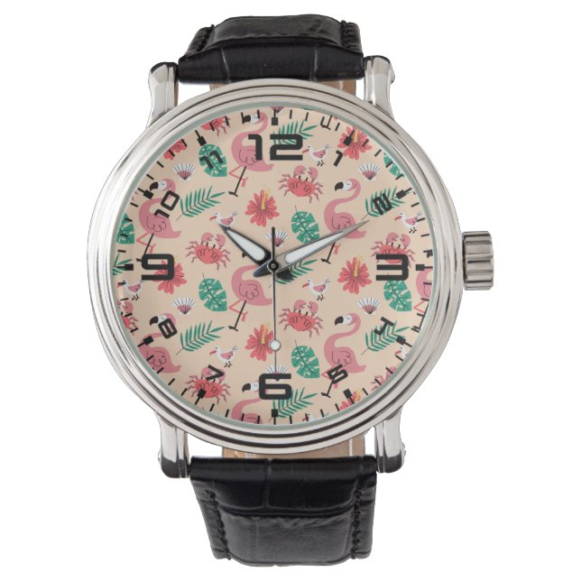 Pink Flamingo Summer Tropical Pattern Watch (Front)