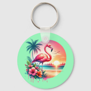 Pink Flamingo Sunset Clipart-93938 Key Ring