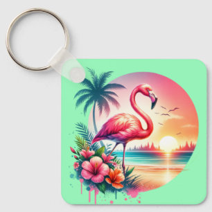 Pink Flamingo Sunset Clipart-93938 Key Ring