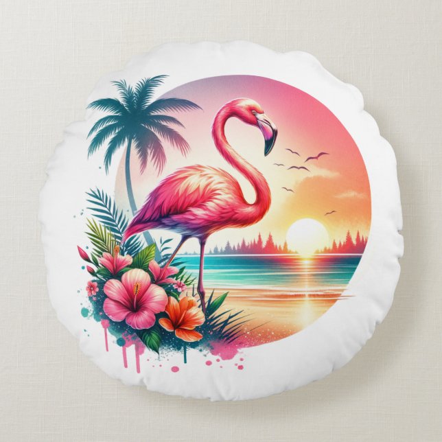 Pink Flamingo Sunset Clipart Round Cushion (Front)