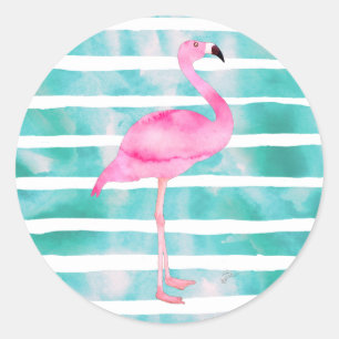 Pink Flamingo Teal Blue Stripes Modern Classic Round Sticker