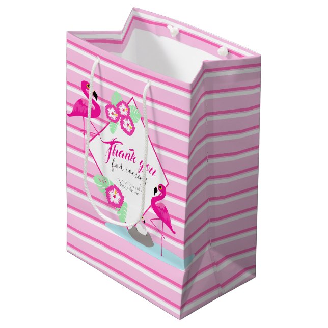 Pink flamingo thank you baby shower gift bag (Front Angled)