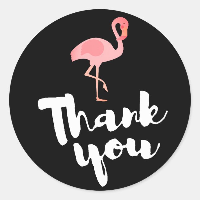 pink flamingo thank you on black classic round sticker (Front)