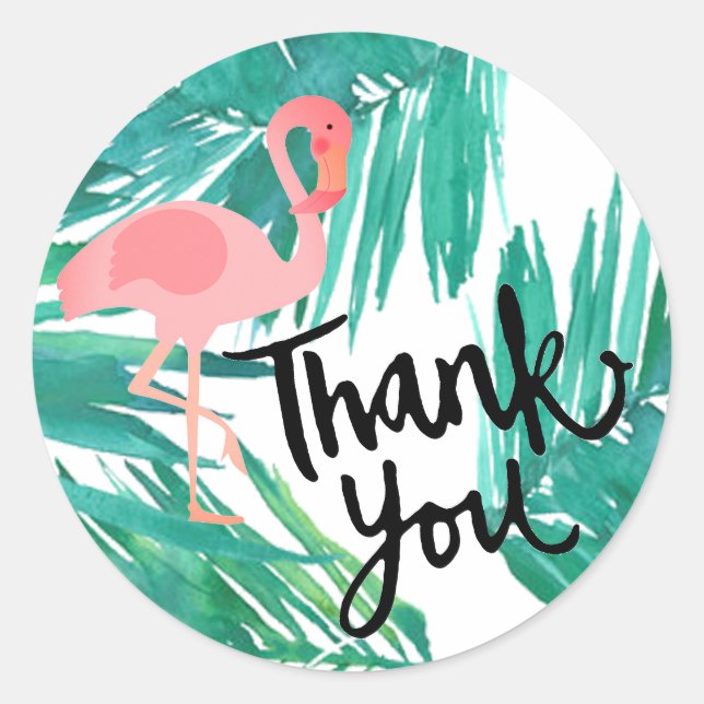 pink flamingo thank you on tropical leaves classic round sticker (Front)