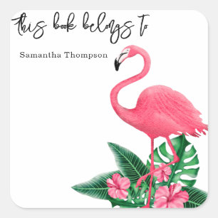Pink flamingo - this book belongs to square sticker